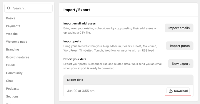 Download the Exported Substack Data to Your Computer
