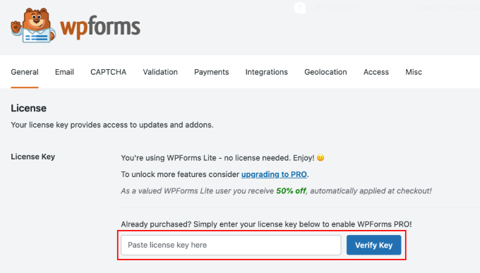 wpforms-license-key-field WPForms license key field