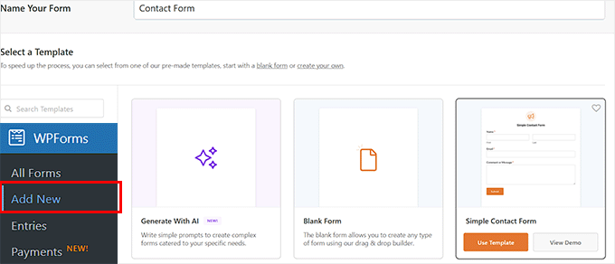 Choose a form template in WPForms Choose a form template in WPForms