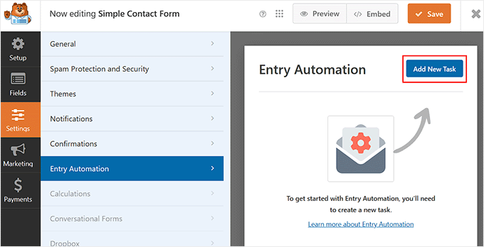 Click the Add New Task button in WPForms Click the Add New Task button in WPForms