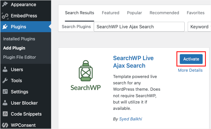 Activating the SearchWP Live Ajax Search plugin