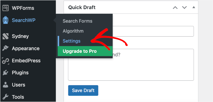 The Settings menu in SearchWP