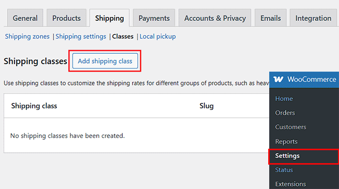 Click the Add Shipping Class button