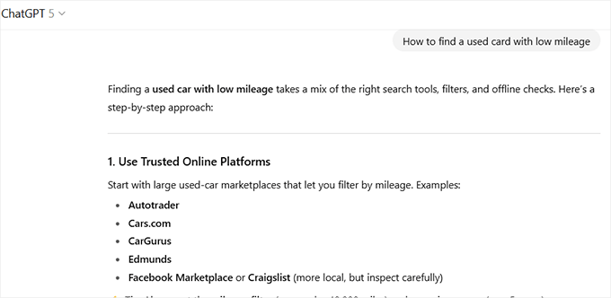 Example of ChatGPT recommending specific brands in direct response to user question
