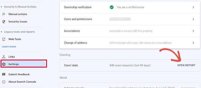 Open crawl stats report in Google Search Console