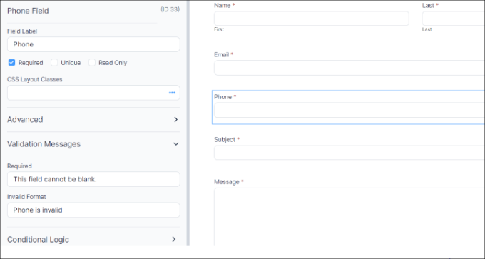 Enter validation message
