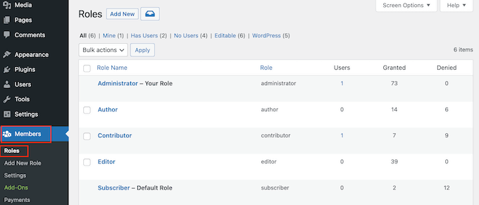 Editing WordPress member roles