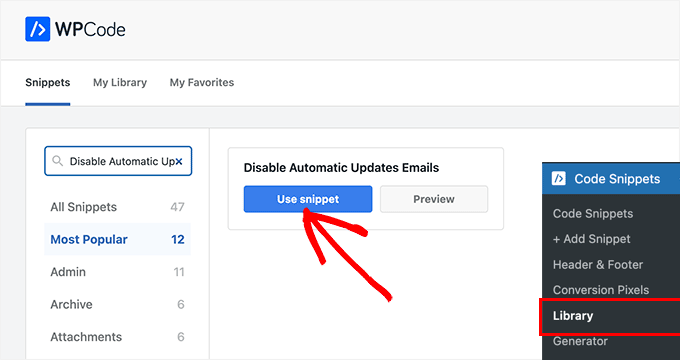 Search for the Disable Automatic Updates Emails snippet in WPCode