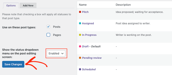 Adding the post status settings to the WordPress content editor