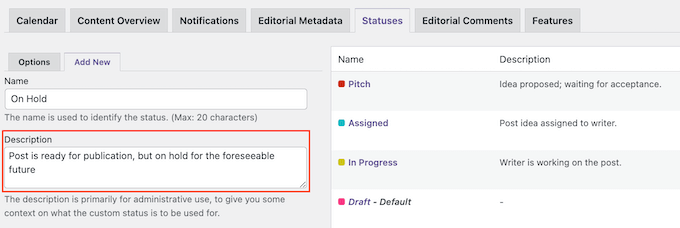 Adding descriptions in PublishPress