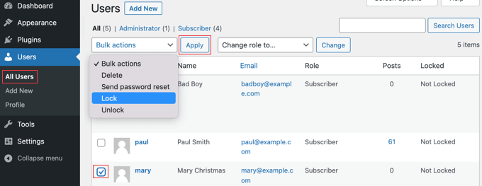Select 'Lock' From the Bulk Actions Menu