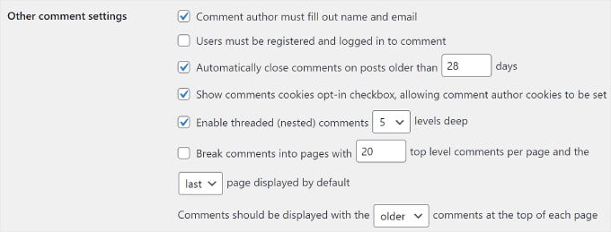 WordPress' Other comment settings