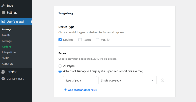 The survey targeting settings on UserFeedback
