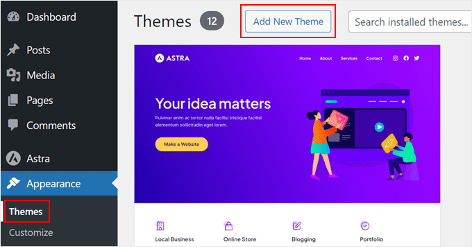 Adding a new WordPress theme in the admin area