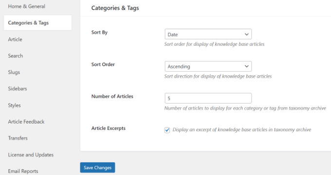 Change categories and tags settings